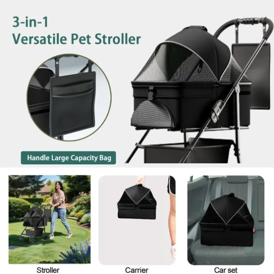ZUN 2 in 1 Folding Dog Stroller, Pet Folding Stroller, 4 Wheels Dog/Cat Puppy Stroller w/Removable W2641P197801