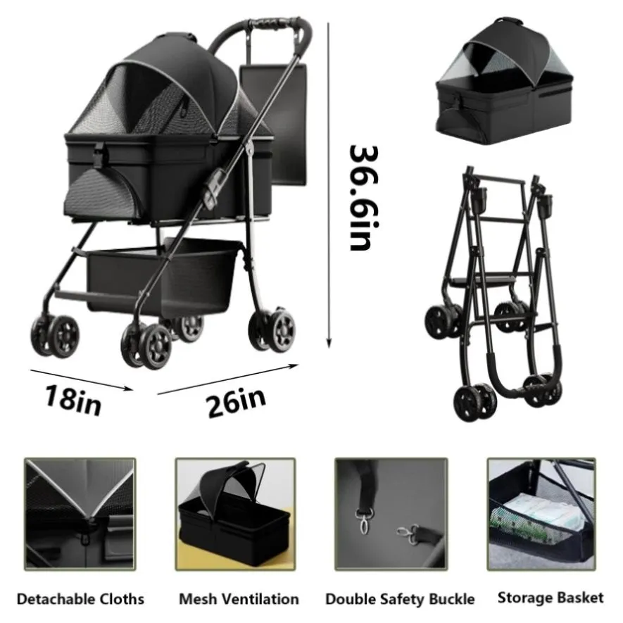 ZUN 2 in 1 Folding Dog Stroller, Pet Folding Stroller, 4 Wheels Dog/Cat Puppy Stroller w/Removable W2641P197801